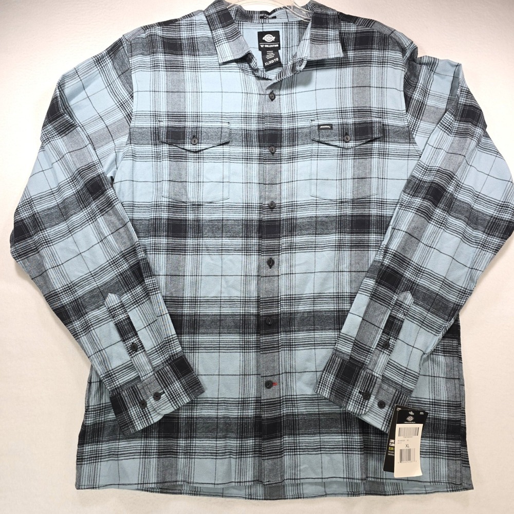 Dickies 67 Collection Flannel Shirt XL Slim Fit Light Blue Black Plaid NWT